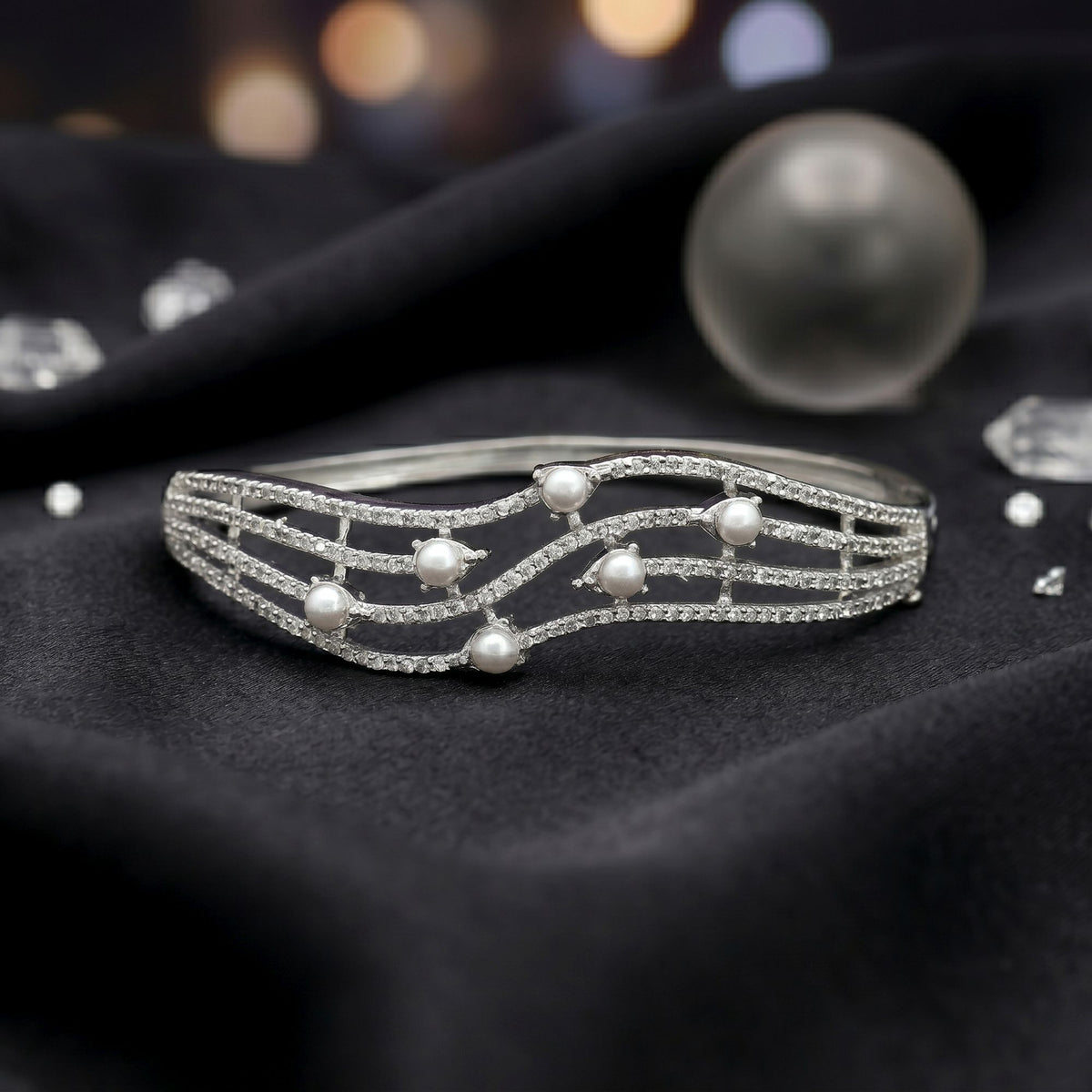 Adjustable Silver American Diamond Brass Bracelet – Silver Plated