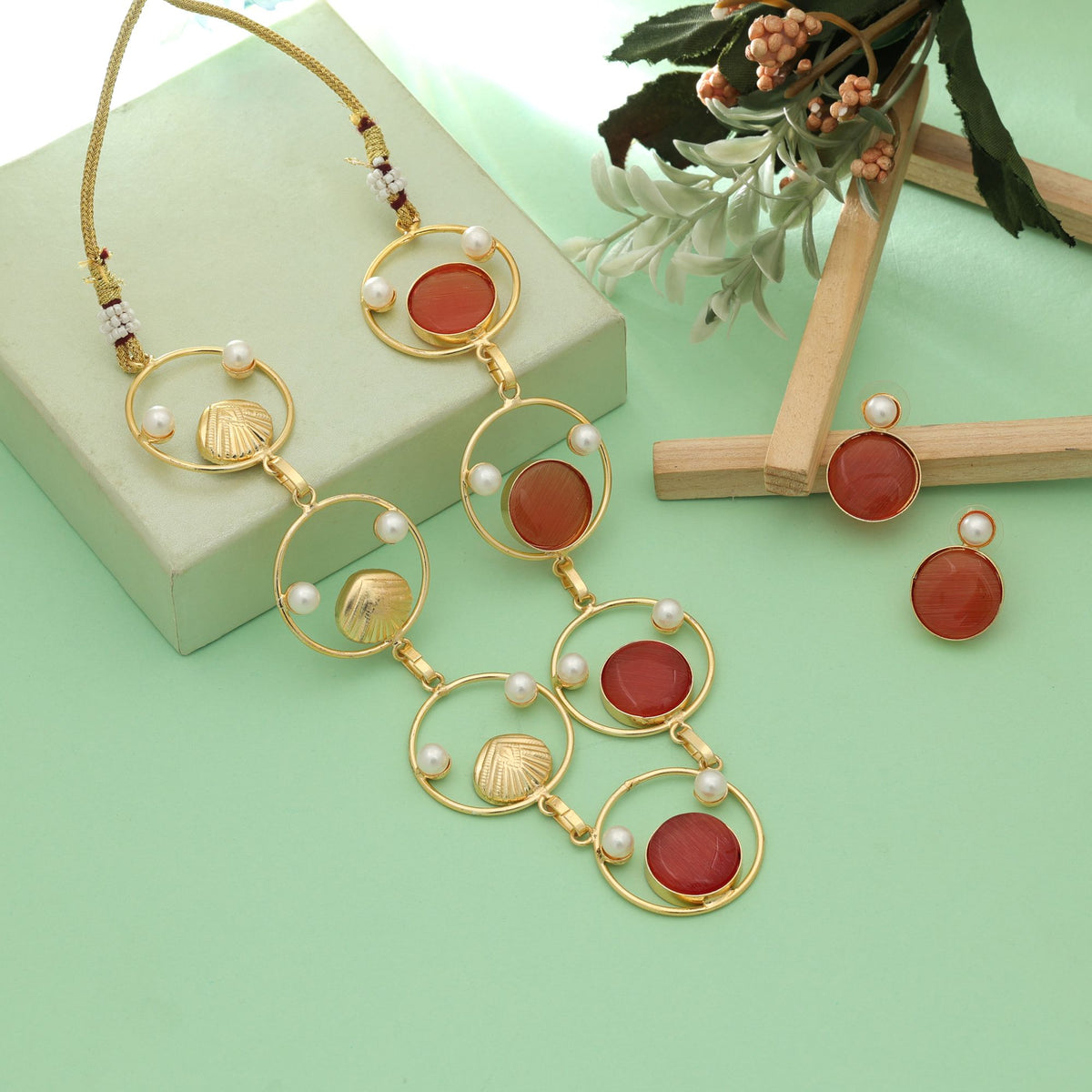 Orange Monalisa Stone Gold Plated Necklace & Earring Set