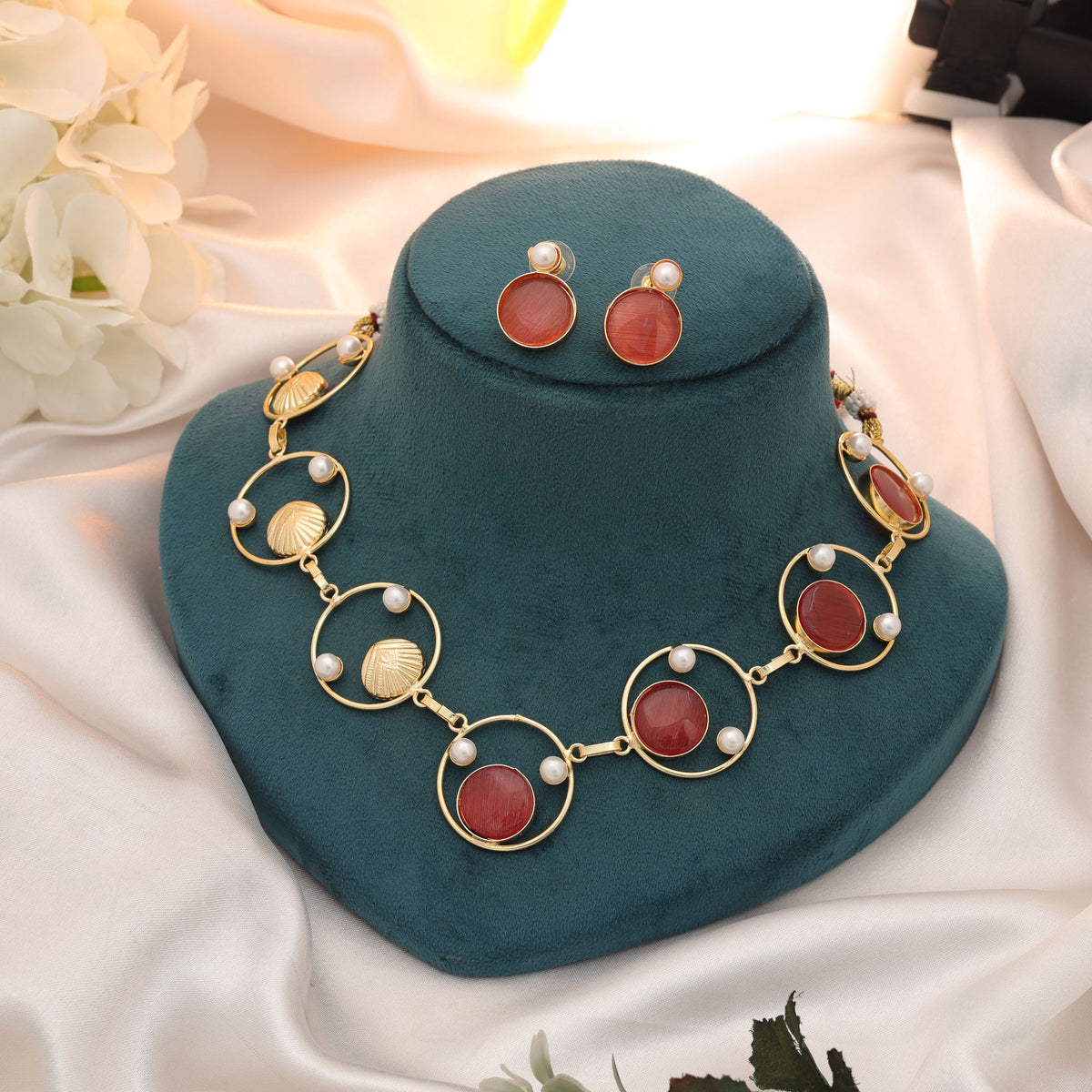 Orange Monalisa Stone Gold Plated Necklace & Earring Set