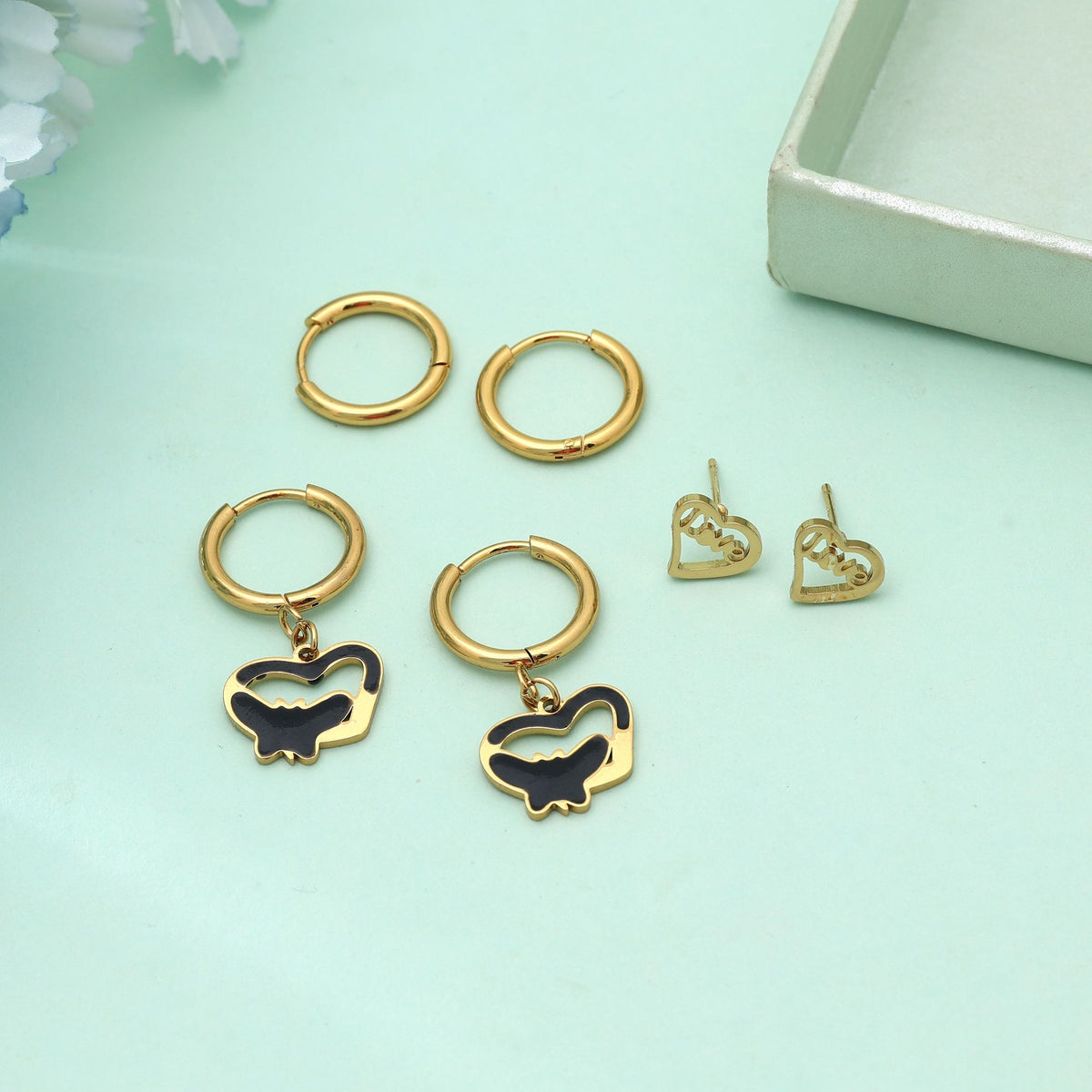 Gold Rhinestone Stainless Steel Earrings Set – Pack of 3 Pairs