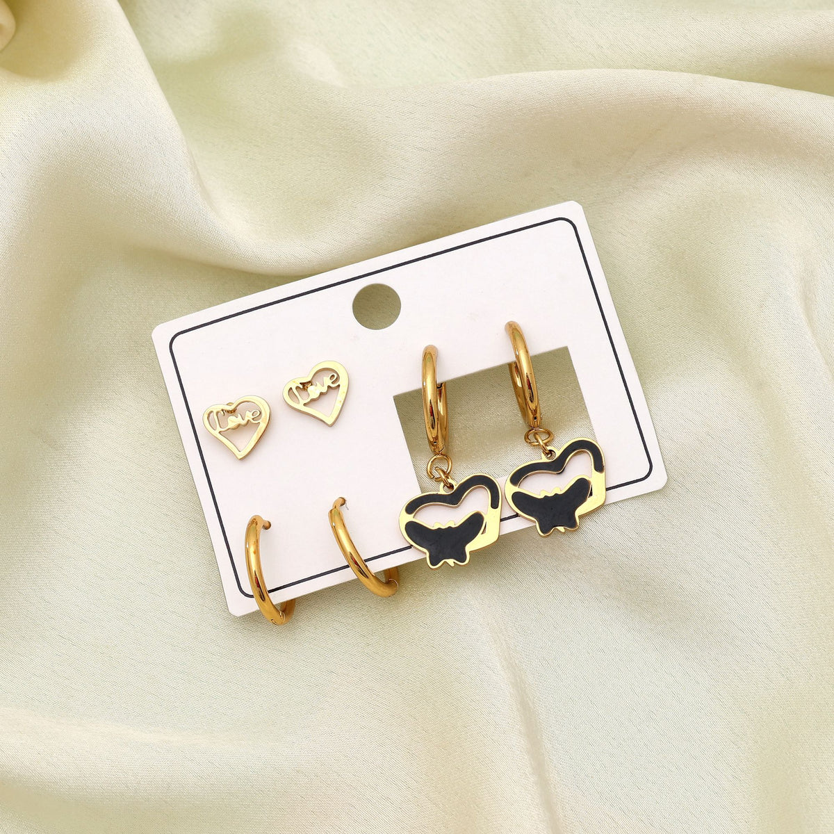 Gold Rhinestone Stainless Steel Earrings Set – Pack of 3 Pairs