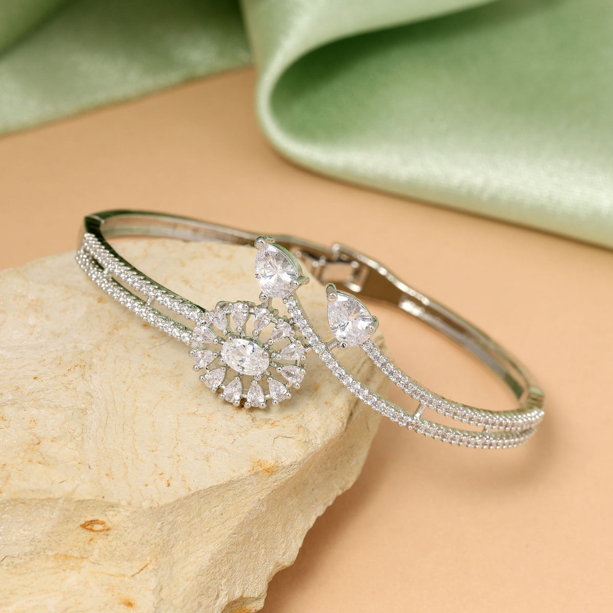 Silver American Diamond Brass Bangle Bracelet – Size 2.6