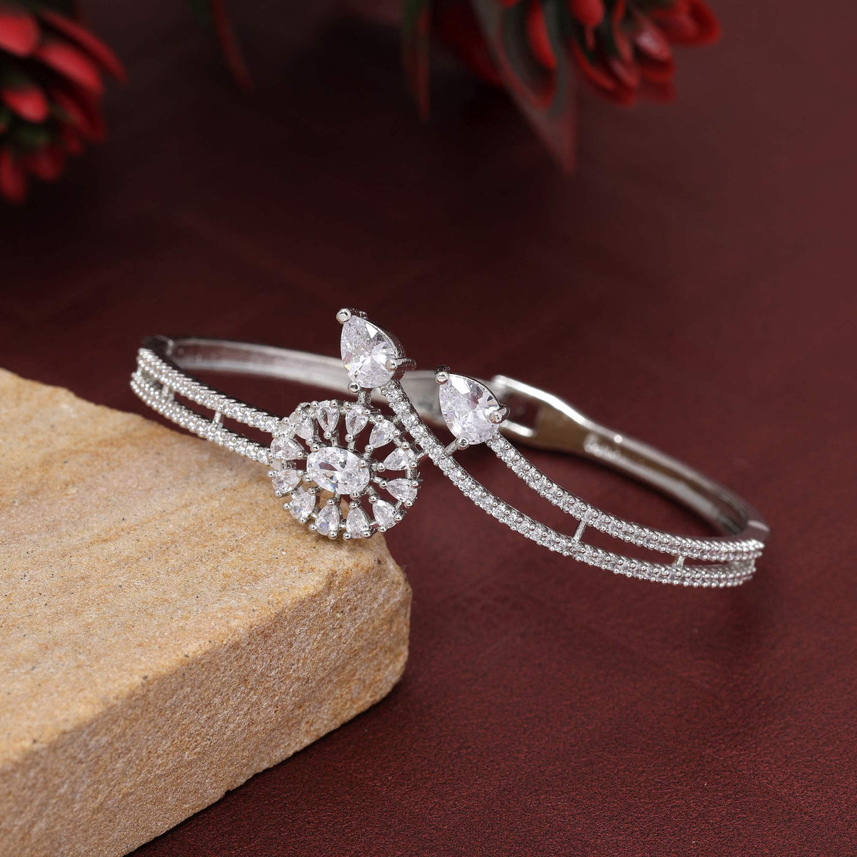 Silver American Diamond Brass Bangle Bracelet – Size 2.6