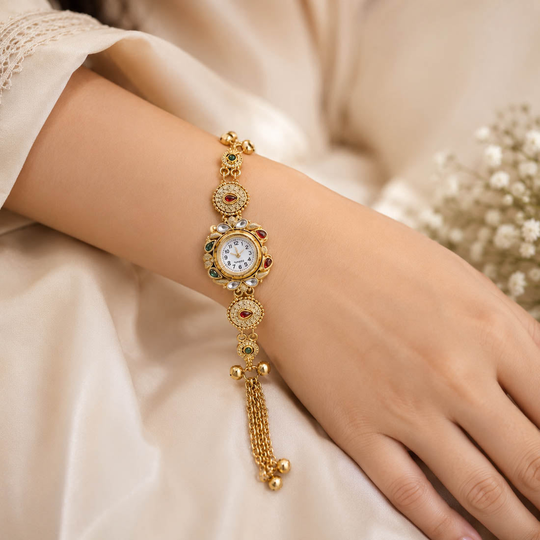 Pink & Emerald Stone Bracelet Watch