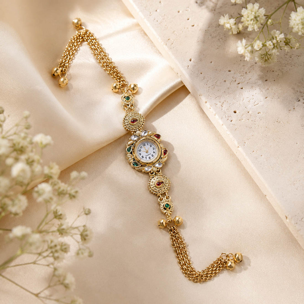 Pink & Emerald Stone Bracelet Watch